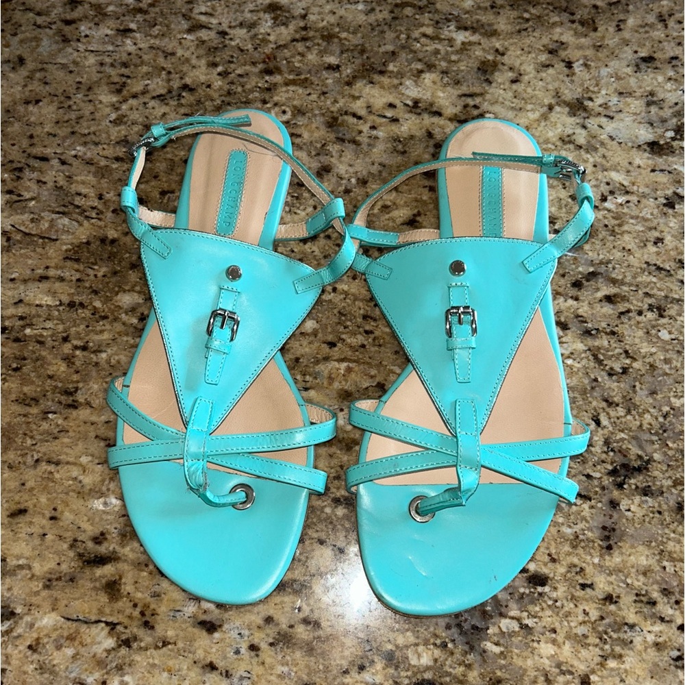 Longchamp Woman’s Aqua Blue Leather Sandals with Silver Hardware